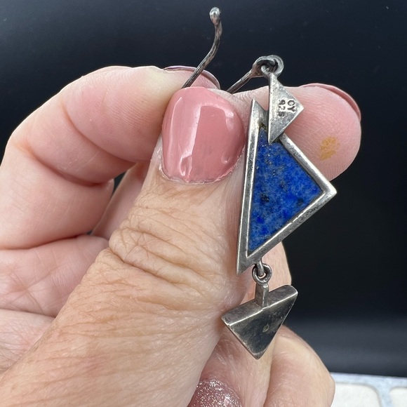 Vintage Native American LAPIS & Silver Dangle Earrings, Signed CY, 6.2g - Picture 6 of 7